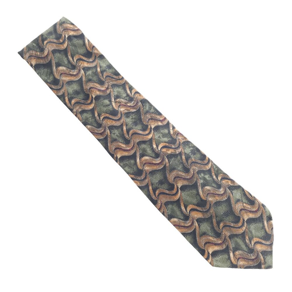 jf j.ferrar Men Necktie 100% Silk Geometric Green Beige Black 60x4 - NWOT